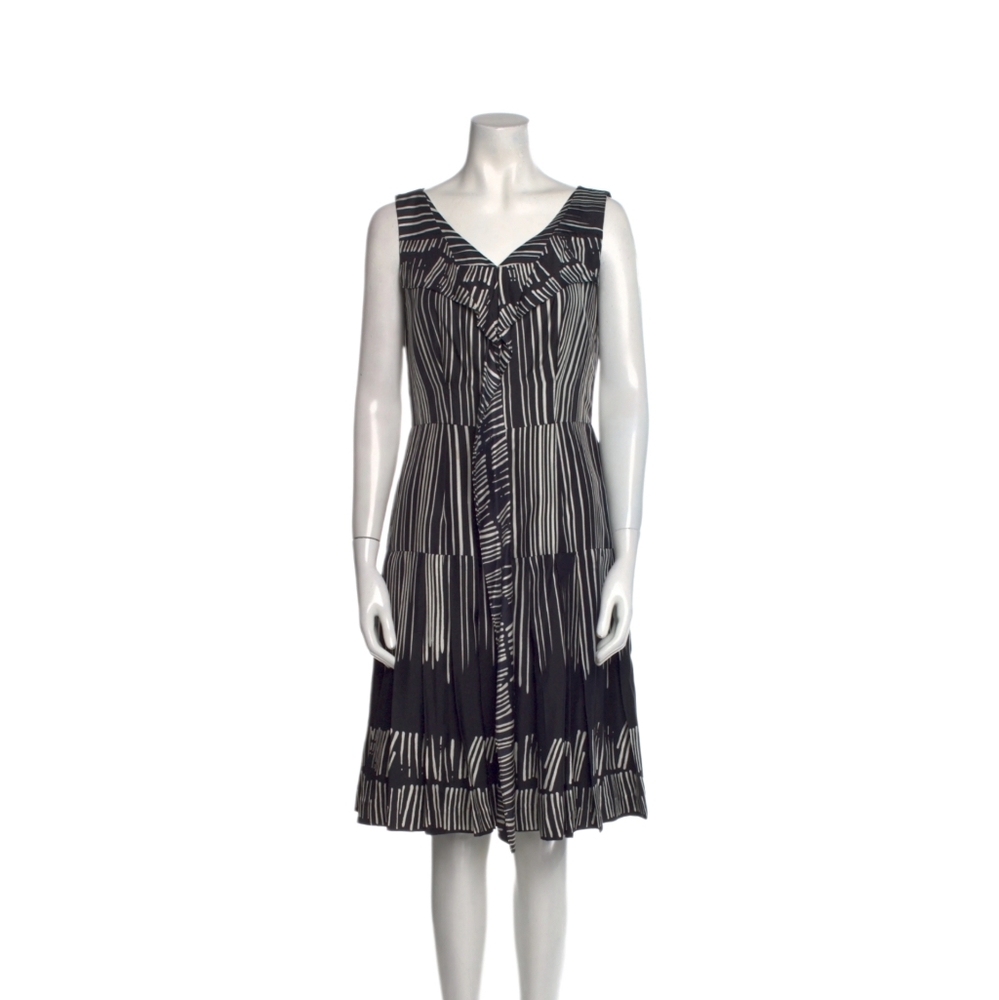 OSCAR DE LA RENTA | Silk Abstract Stripe Fit Flare Dress Black Ivory Size US 0